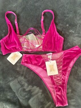 Savage X Fenty Velvet Strappy Bralette & Bikini Set in Bright Fuchsia